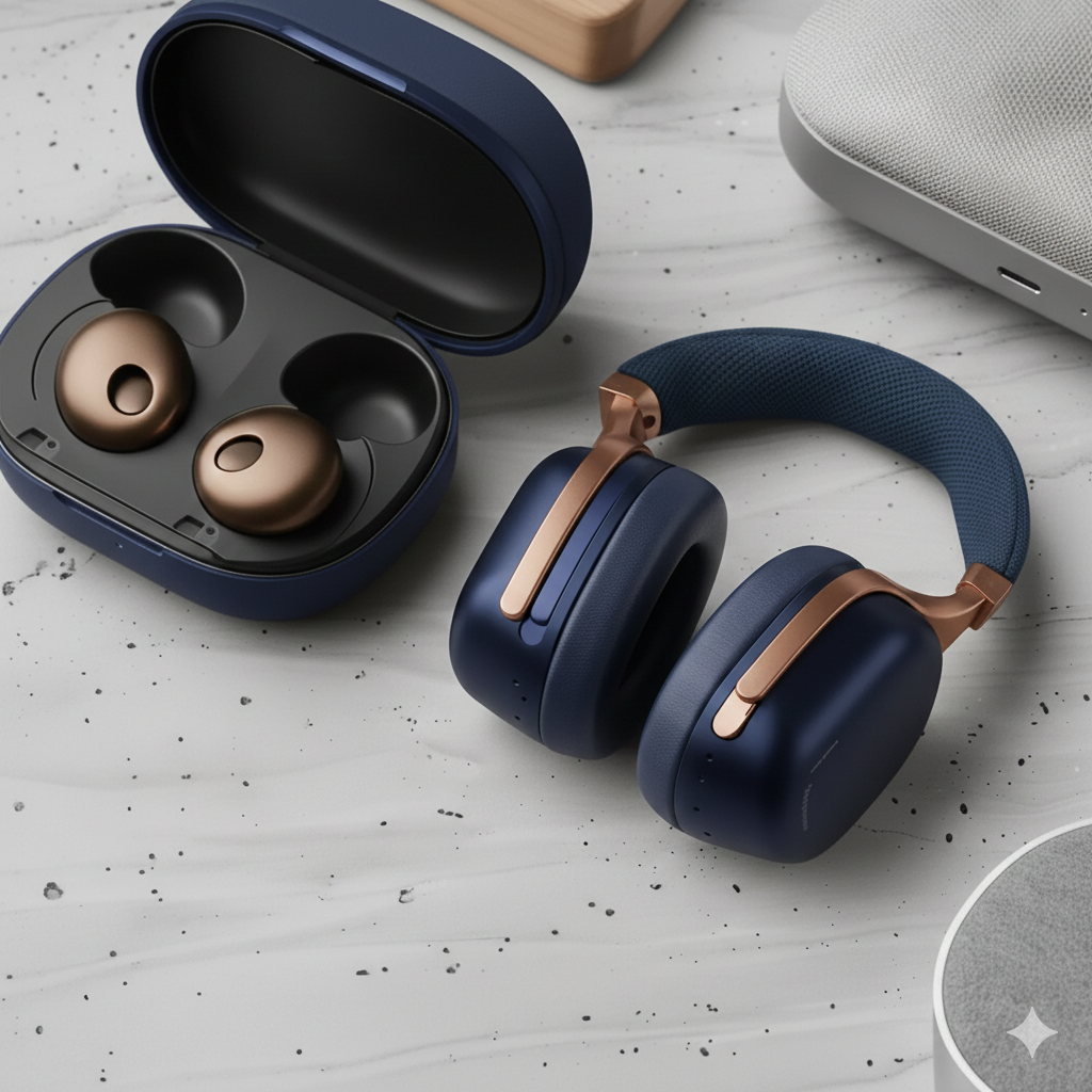 Navy blue headphones with gold accents and open case on a light gray surface